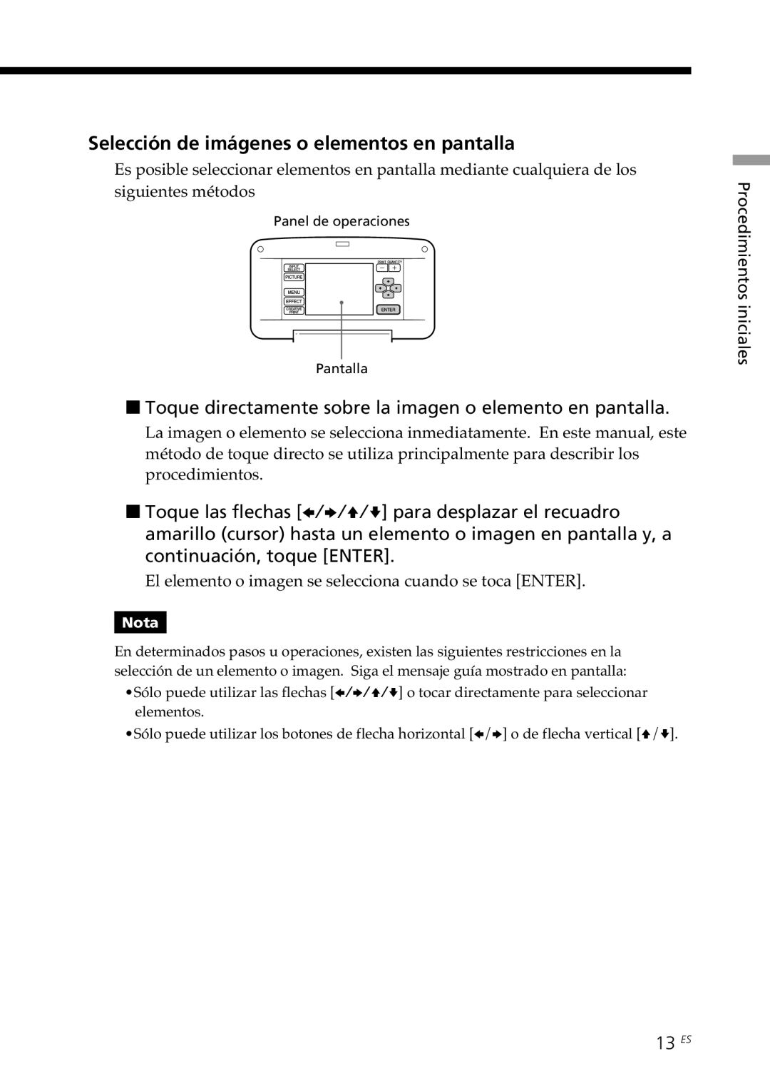 Sony DPP--SV77 Selección de imágenes o elementos en pantalla, Toque directamente sobre la imagen o elemento en pantalla 