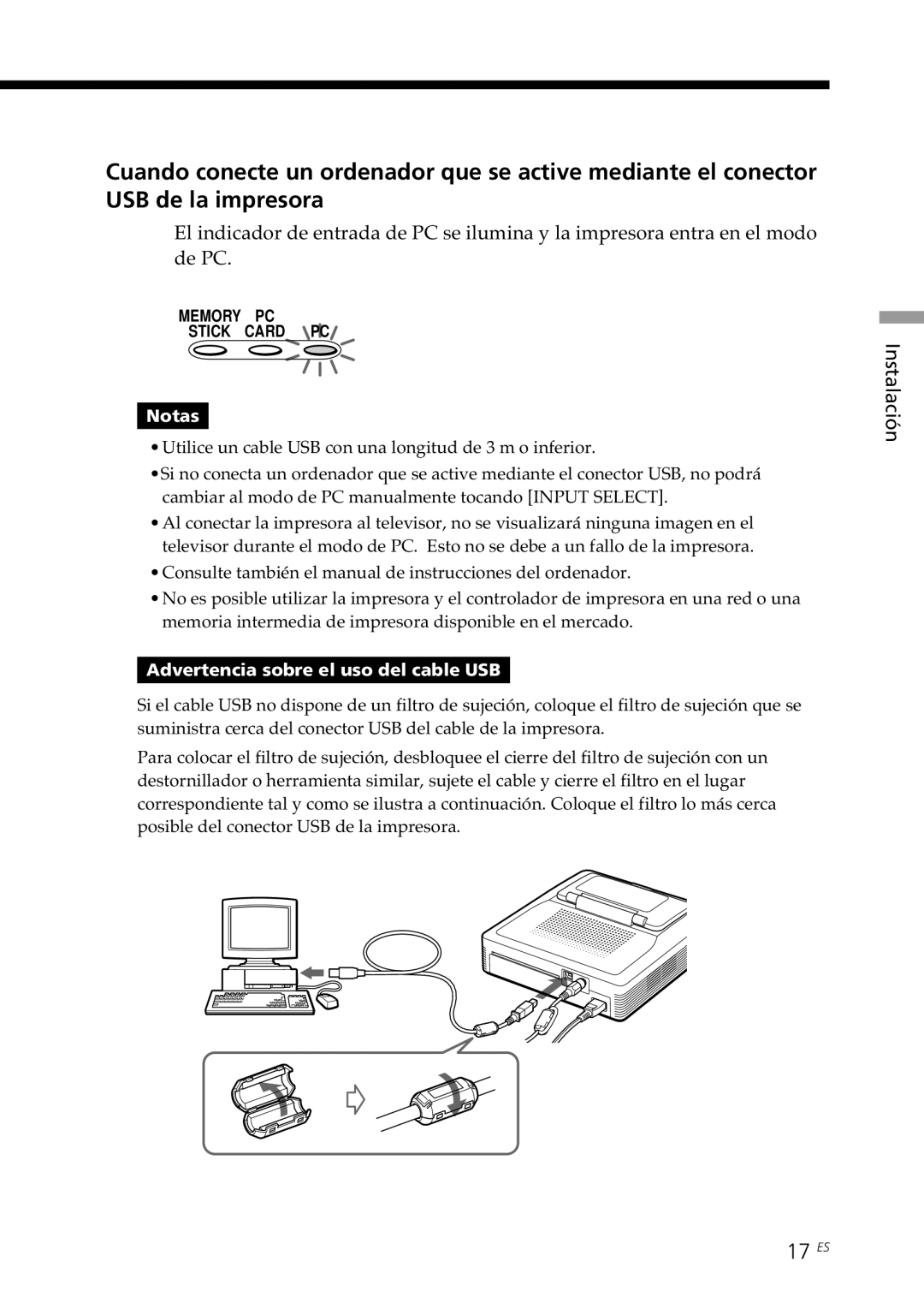 Sony DPP--SV77 operating instructions 17 ES, Advertencia sobre el uso del cable USB 