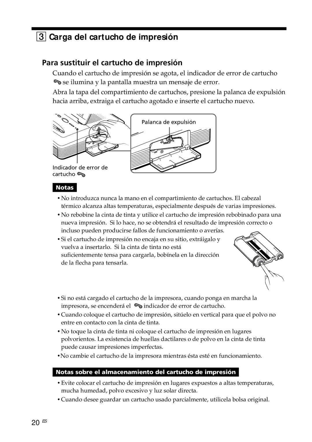 Sony DPP--SV77 operating instructions Carga del cartucho de impresión, Para sustituir el cartucho de impresión, 20 ES 