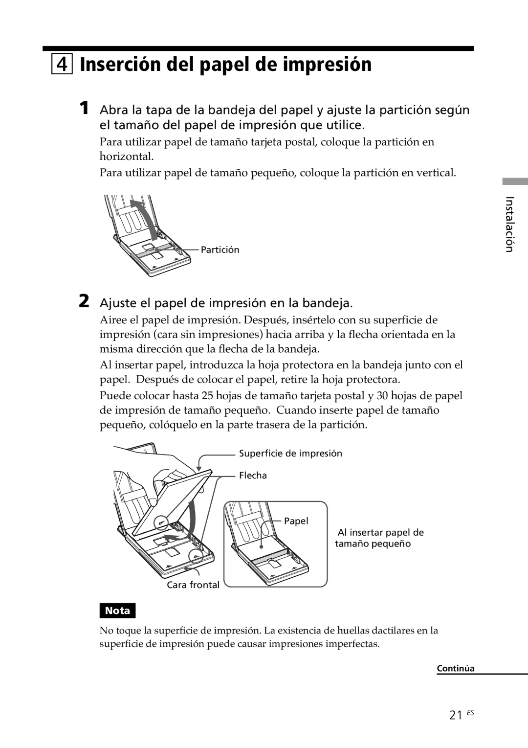 Sony DPP--SV77 operating instructions Inserción del papel de impresión, Ajuste el papel de impresión en la bandeja, 21 ES 