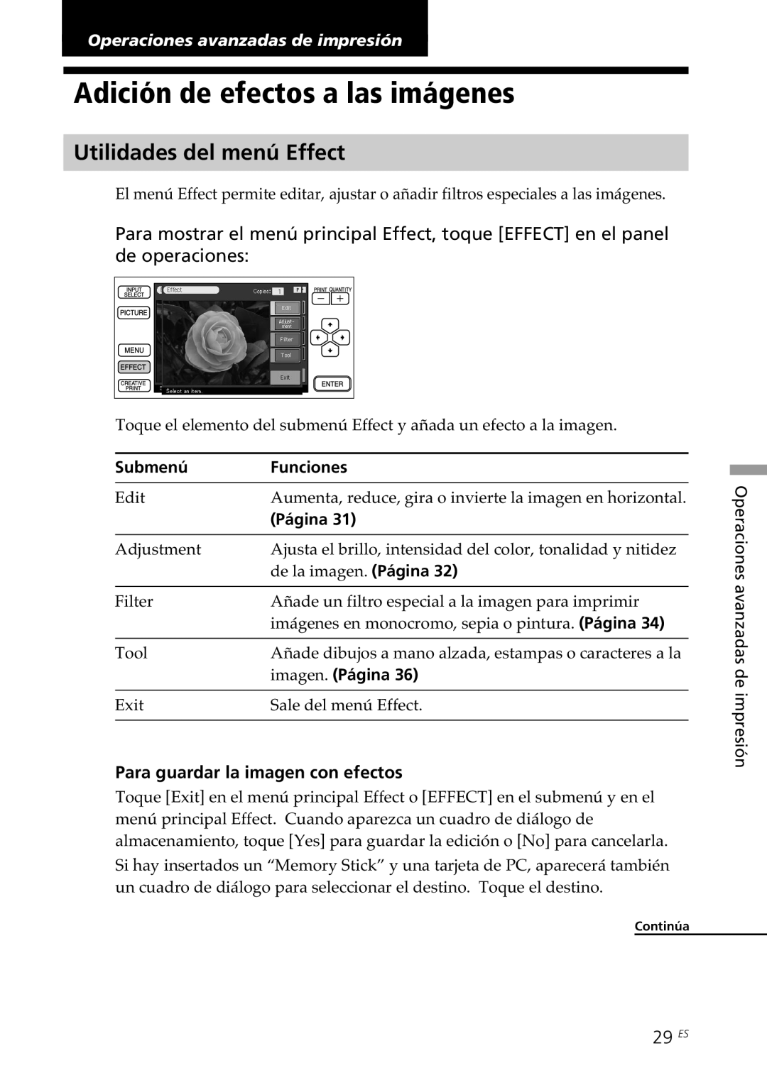 Sony DPP--SV77 Adición de efectos a las imágenes, Utilidades del menú Effect, Para guardar la imagen con efectos, 29 ES 