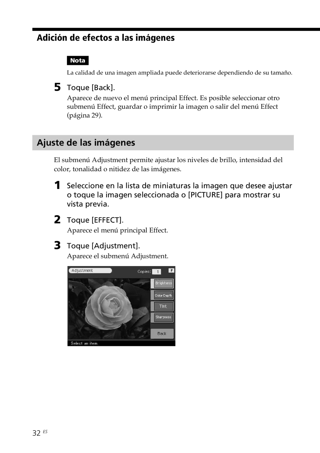 Sony DPP--SV77 Ajuste de las imágenes, Toque Back, Toque Adjustment, 32 ES, Aparece el submenú Adjustment 