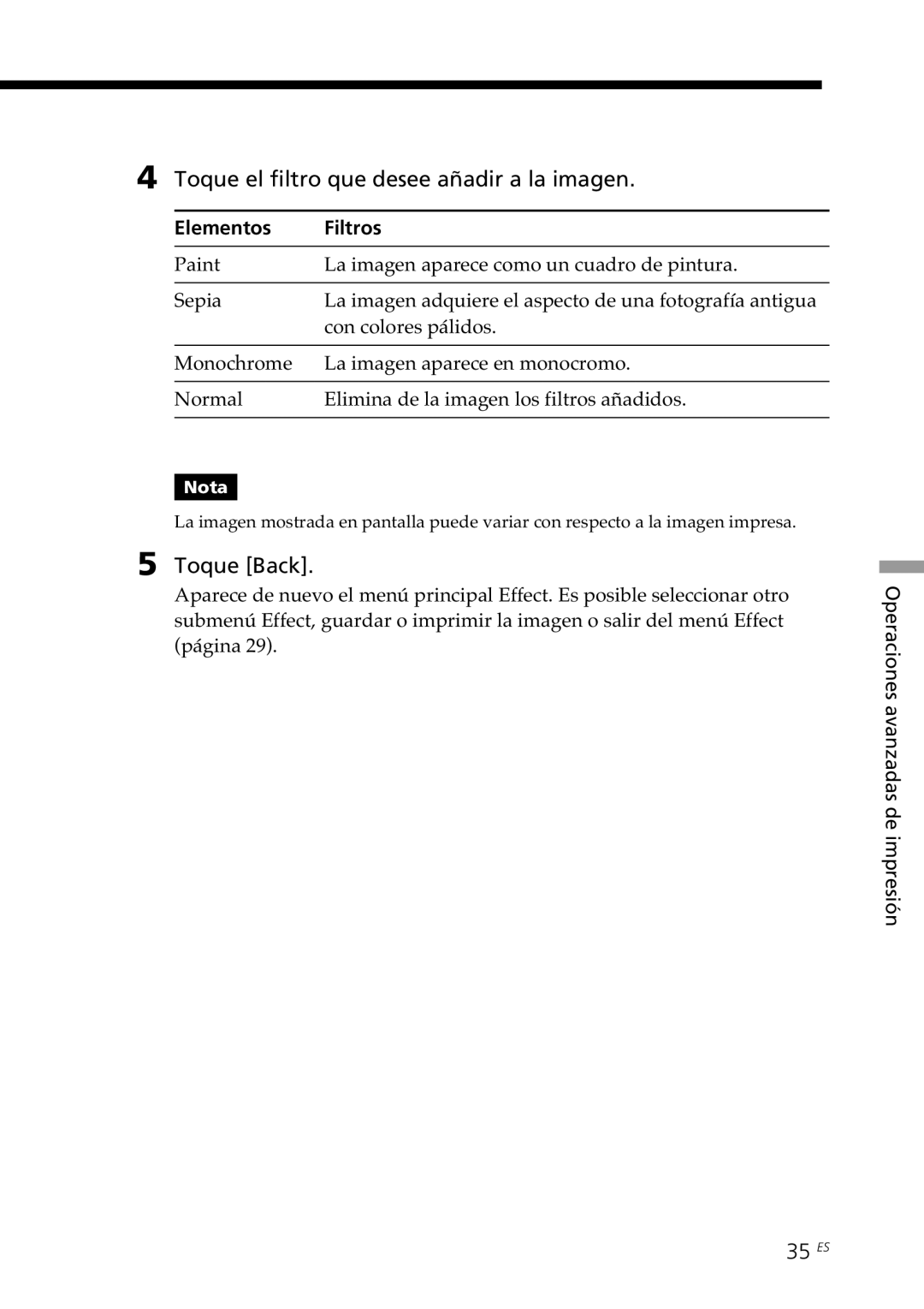 Sony DPP--SV77 operating instructions Toque el filtro que desee añadir a la imagen, 35 ES, Elementos Filtros 