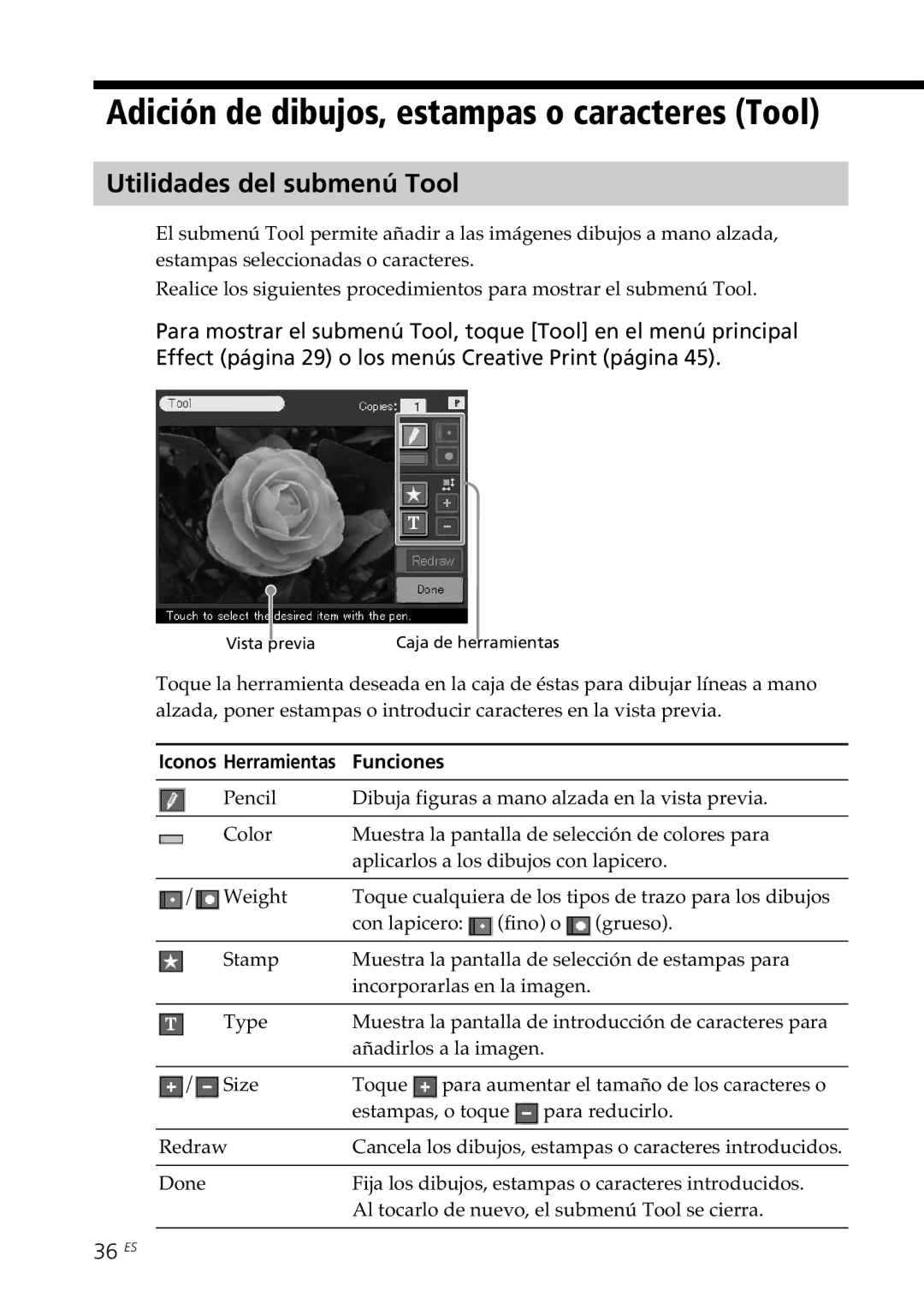 Sony DPP--SV77 Adición de dibujos, estampas o caracteres Tool, Utilidades del submenú Tool, 36 ES, Iconos Herramientas 