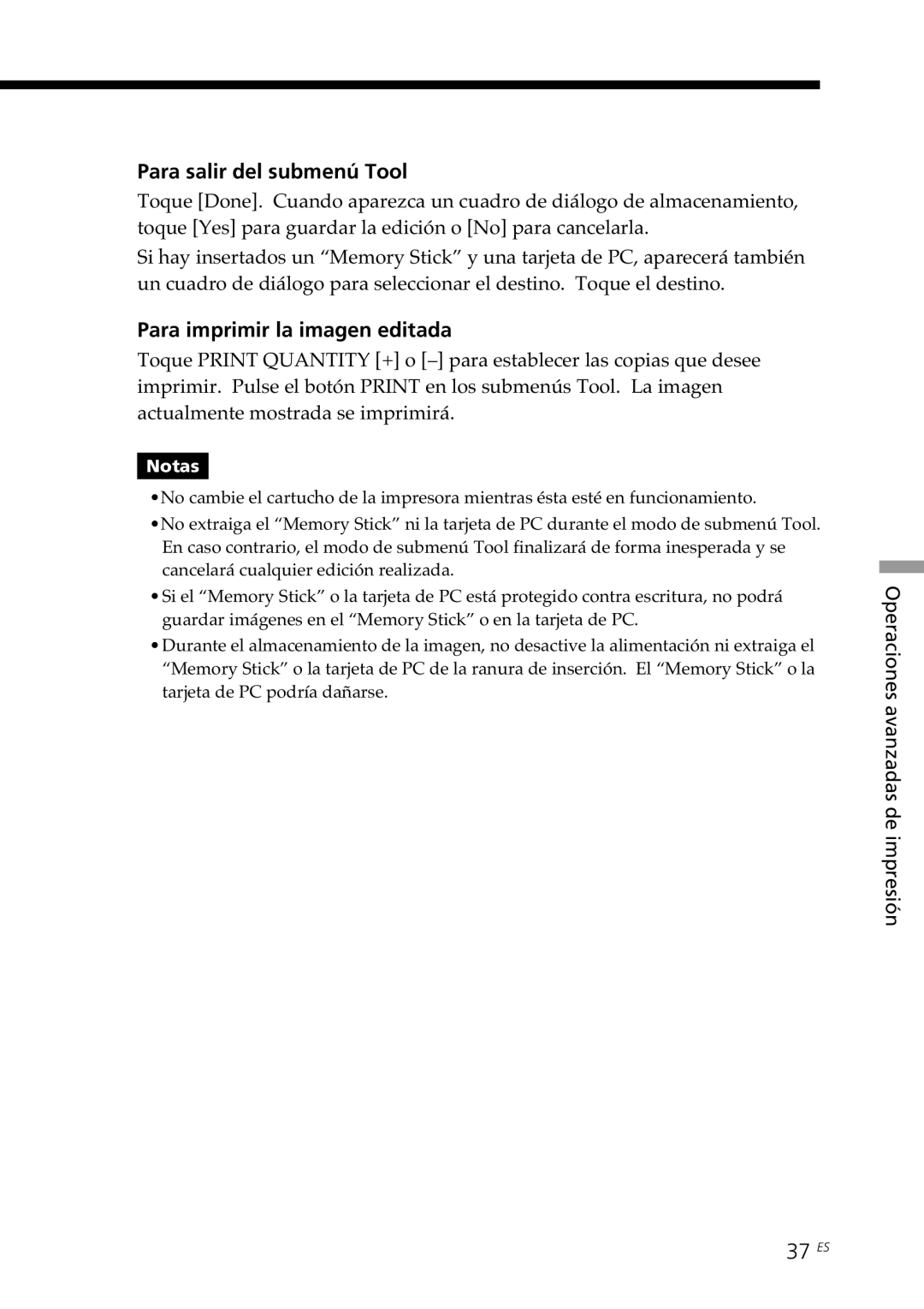 Sony DPP--SV77 operating instructions Para salir del submenú Tool, 37 ES 