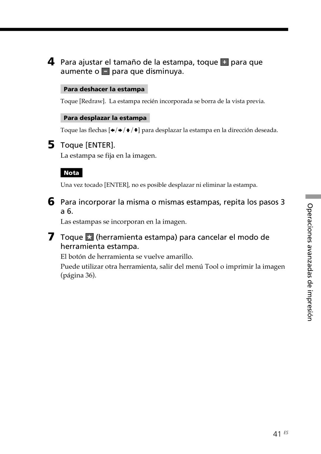 Sony DPP--SV77 41 ES, La estampa se fija en la imagen, Las estampas se incorporan en la imagen, Para deshacer la estampa 