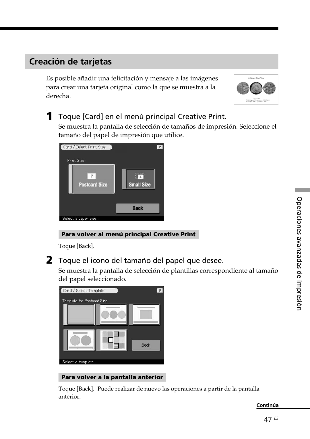 Sony DPP--SV77 operating instructions Creación de tarjetas, Toque Card en el menú principal Creative Print, 47 ES 