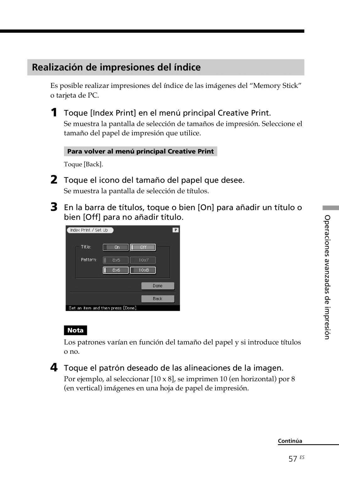 Sony DPP--SV77 Realización de impresiones del índice, Toque Index Print en el menú principal Creative Print, 57 ES 