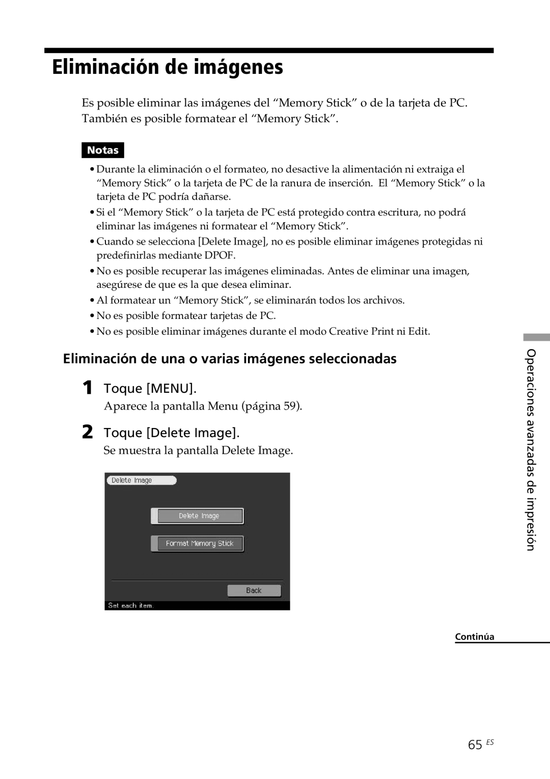 Sony DPP--SV77 Eliminación de imágenes, Eliminación de una o varias imágenes seleccionadas, Toque Delete Image, 65 ES 