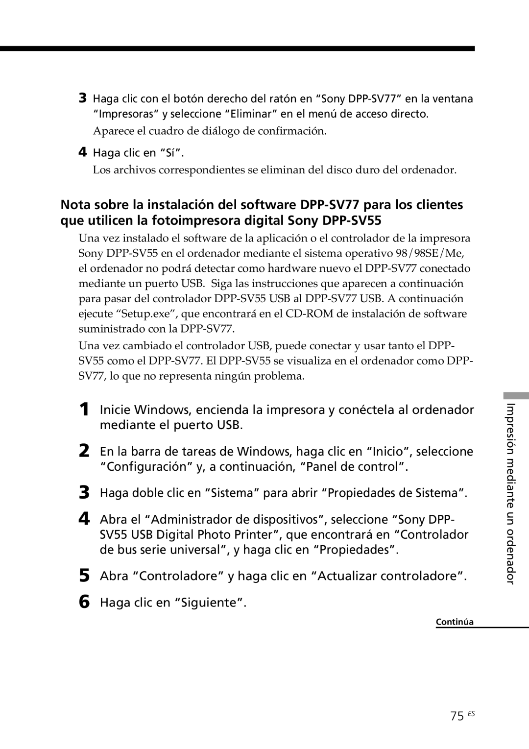 Sony DPP--SV77 operating instructions Mediante el puerto USB, Configuración y, a continuación, Panel de control, 75 ES 