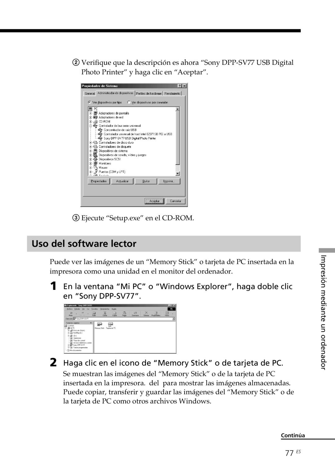 Sony DPP--SV77 operating instructions Uso del software lector, 77 ES 