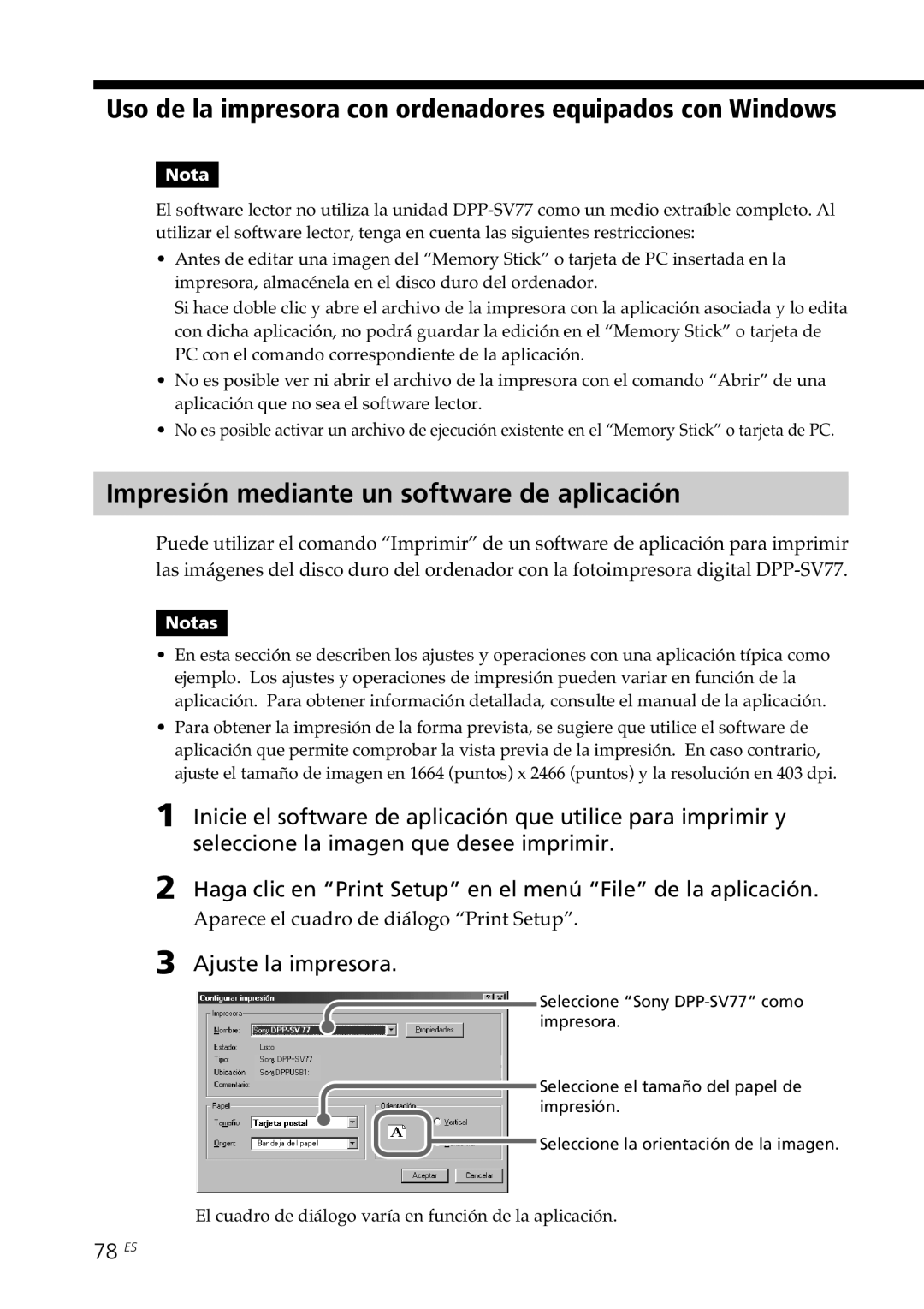 Sony DPP--SV77 operating instructions Impresión mediante un software de aplicación, Ajuste la impresora, 78 ES 