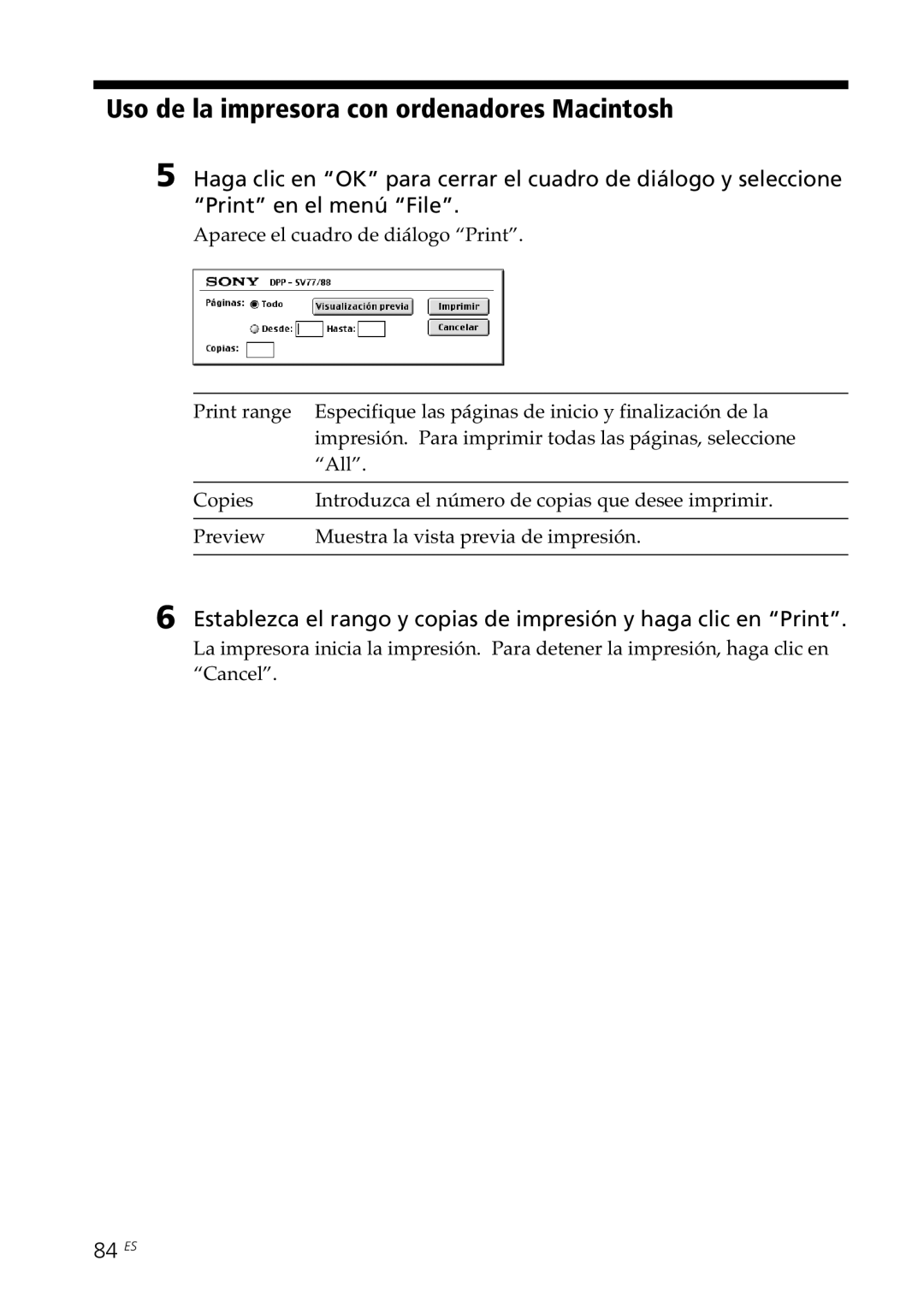 Sony DPP--SV77 operating instructions 84 ES 