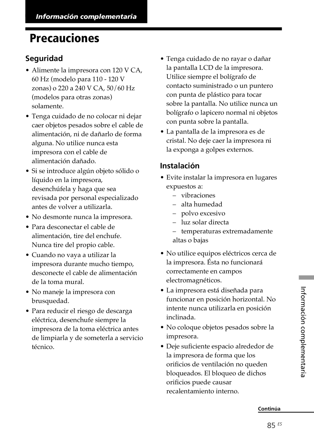 Sony DPP--SV77 operating instructions Precauciones, Seguridad, Instalación, 85 ES 