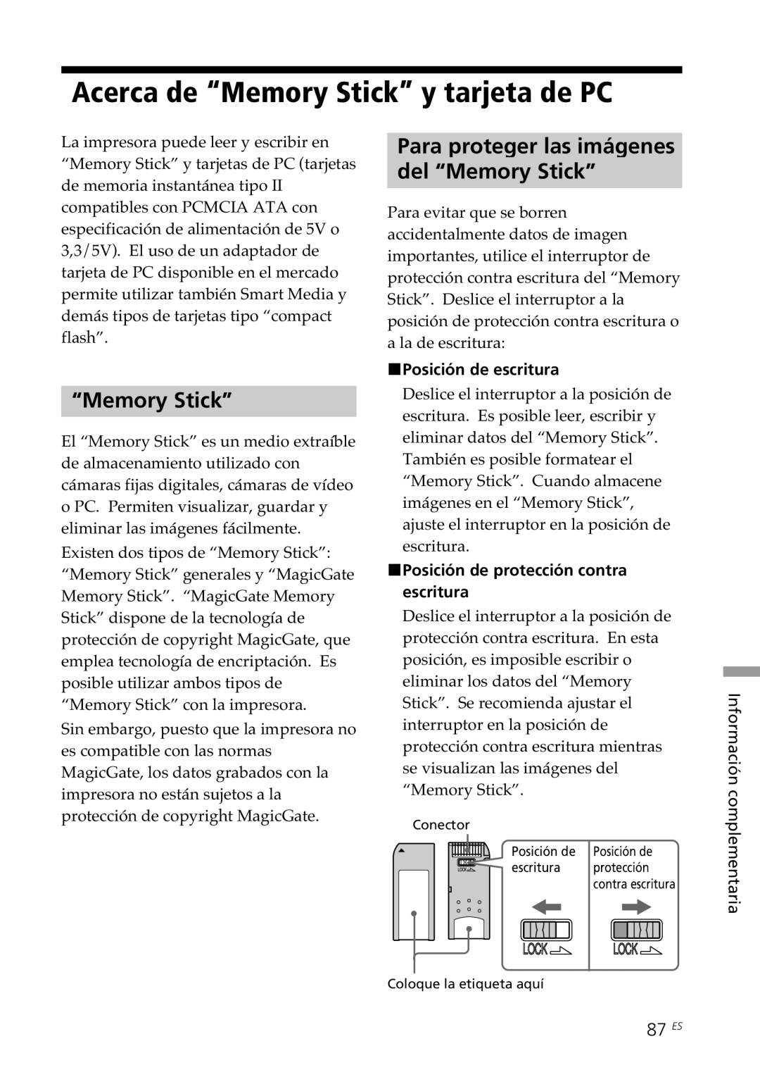 Sony DPP--SV77 Acerca de Memory Stick y tarjeta de PC, Para proteger las imágenes Del Memory Stick, 87 ES 