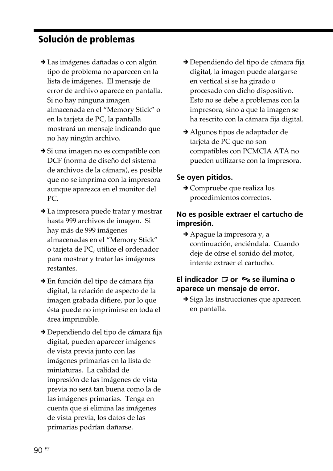 Sony DPP--SV77 Solución de problemas, Se oyen pitidos, No es posible extraer el cartucho de impresión, 90 ES 