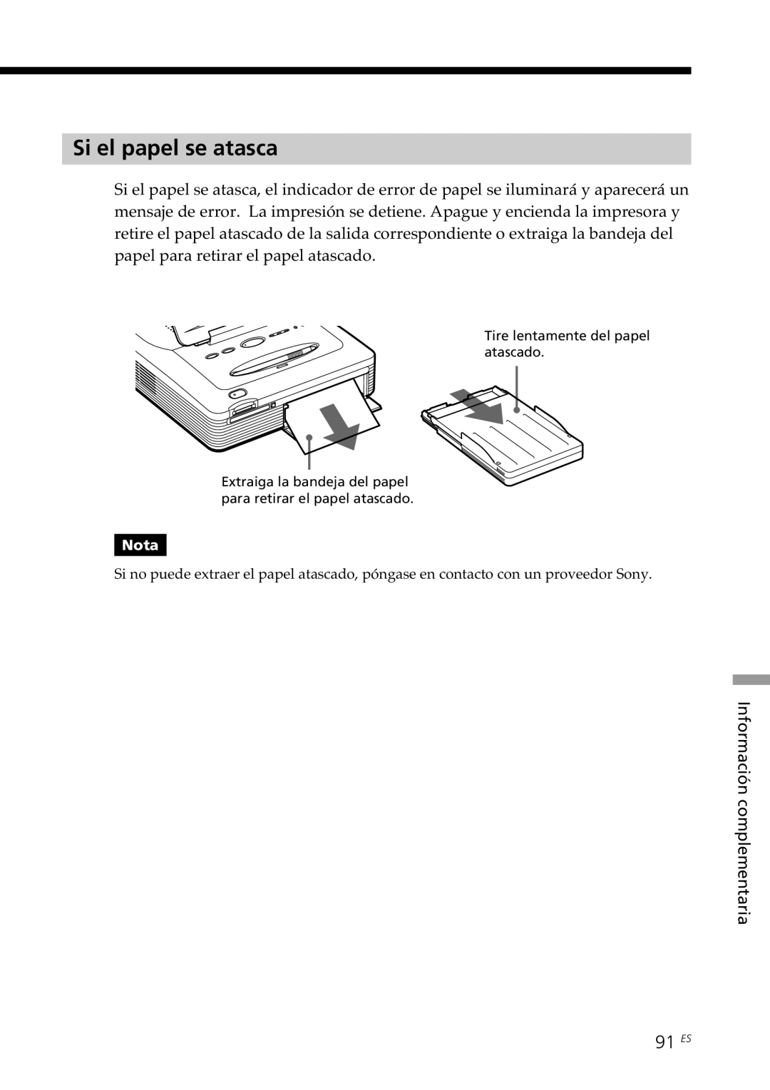 Sony DPP--SV77 operating instructions Si el papel se atasca, 91 ES 