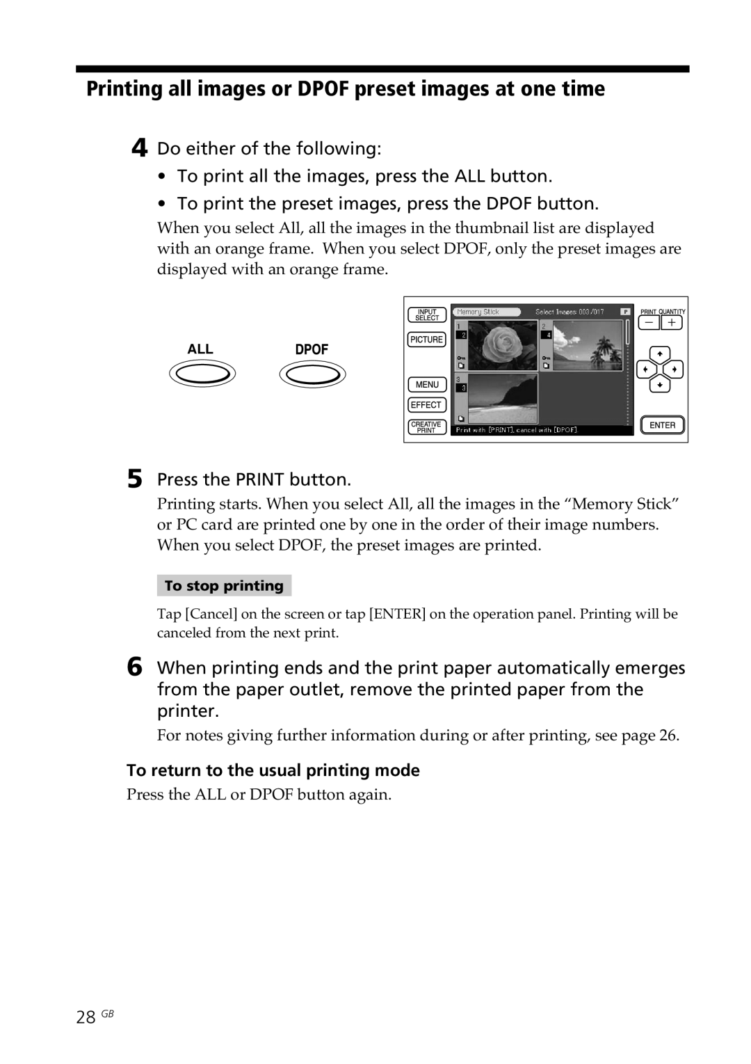 Sony DPP--SV77 Printing all images or Dpof preset images at one time, To return to the usual printing mode, 28 GB 