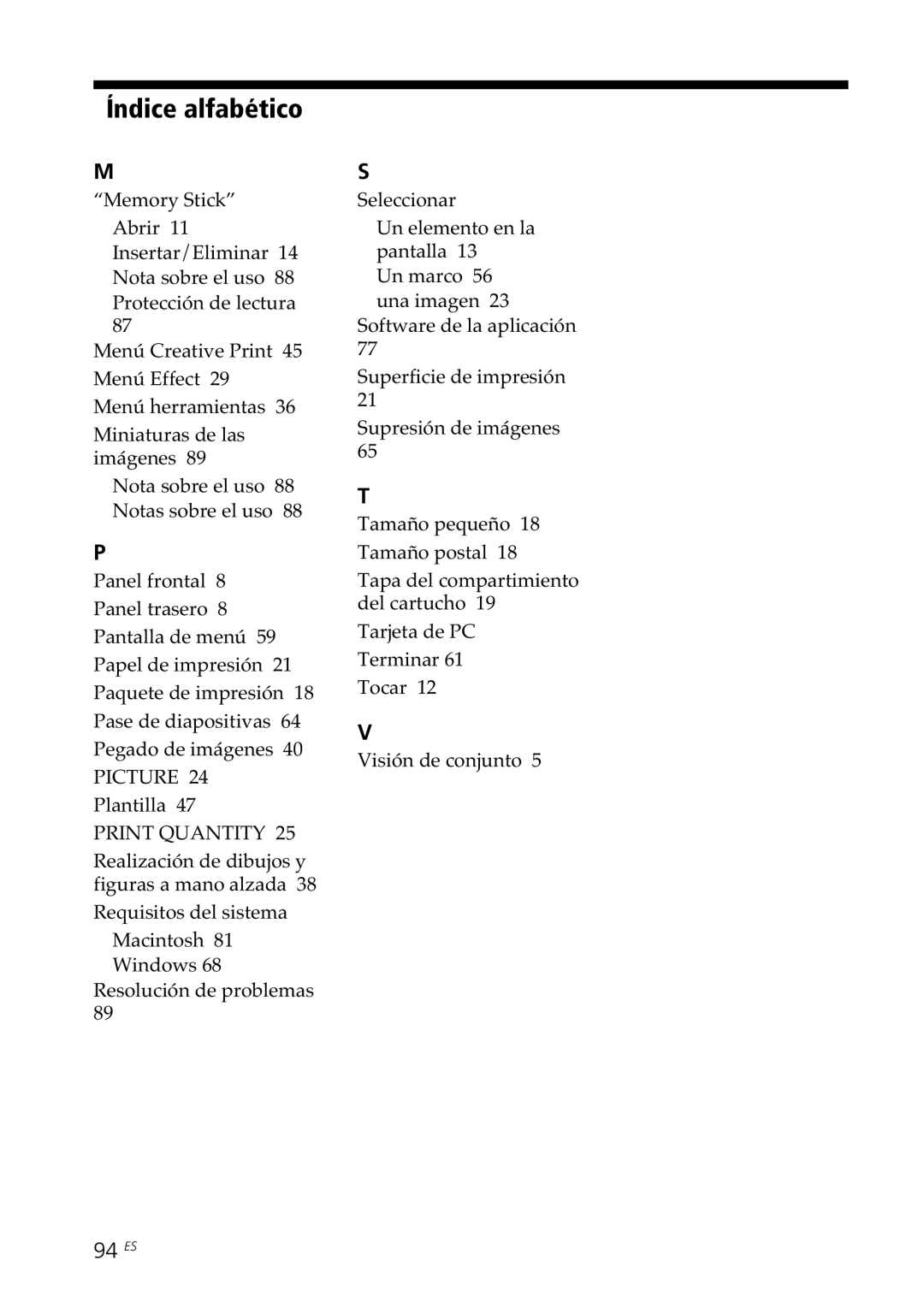 Sony DPP--SV77 operating instructions Índice alfabético, 94 ES 