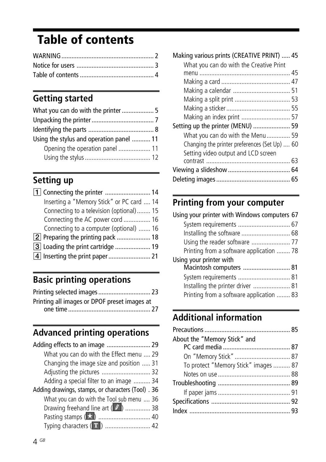 Sony DPP--SV77 operating instructions Table of contents 