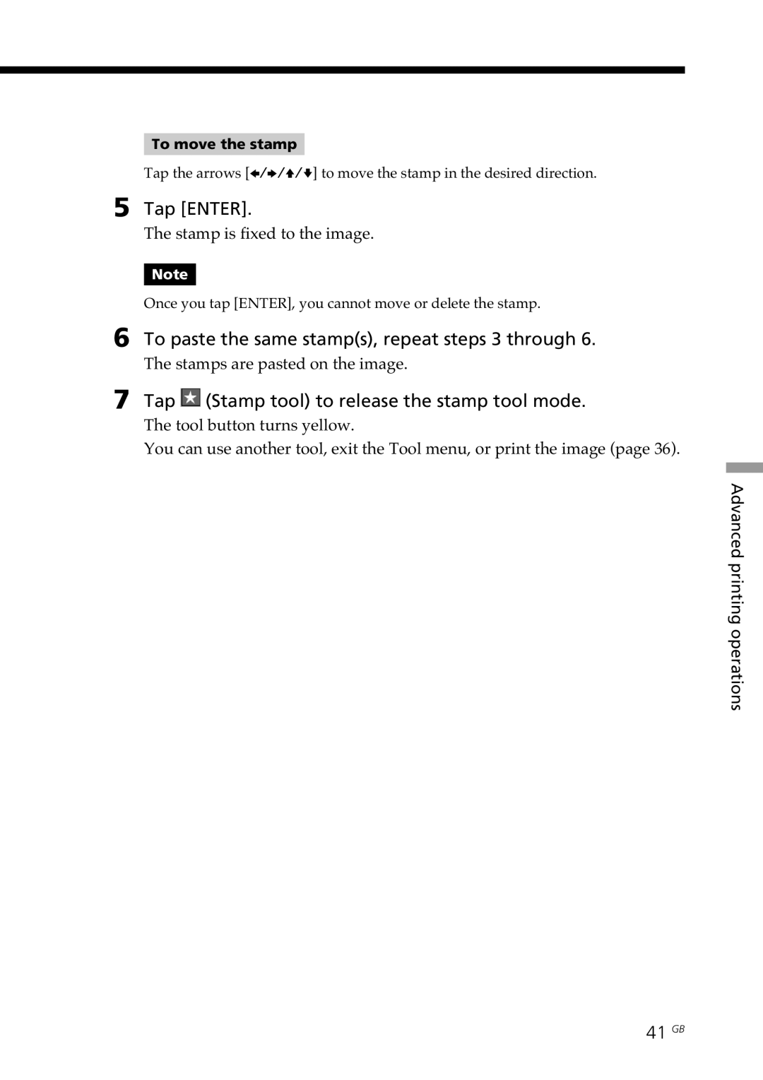 Sony DPP--SV77 To paste the same stamps, repeat steps 3 through, Tap Stamp tool to release the stamp tool mode, 41 GB 