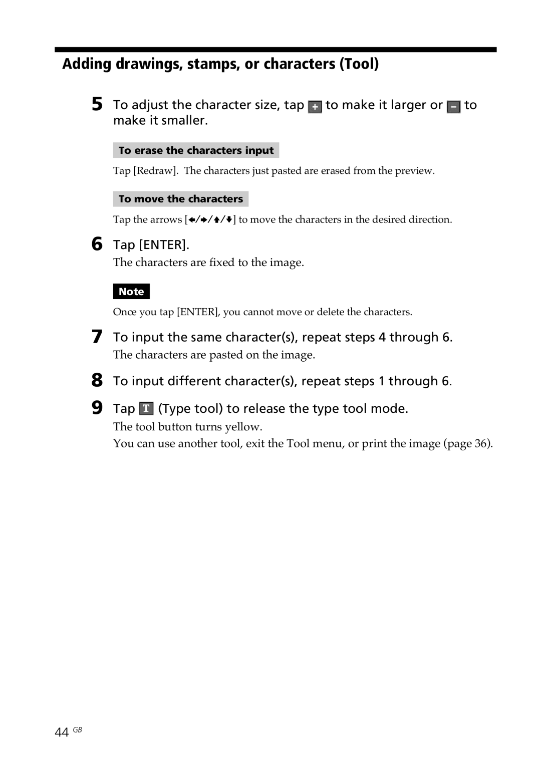 Sony DPP--SV77 Adding drawings, stamps, or characters Tool, To input the same characters, repeat steps 4 through, 44 GB 