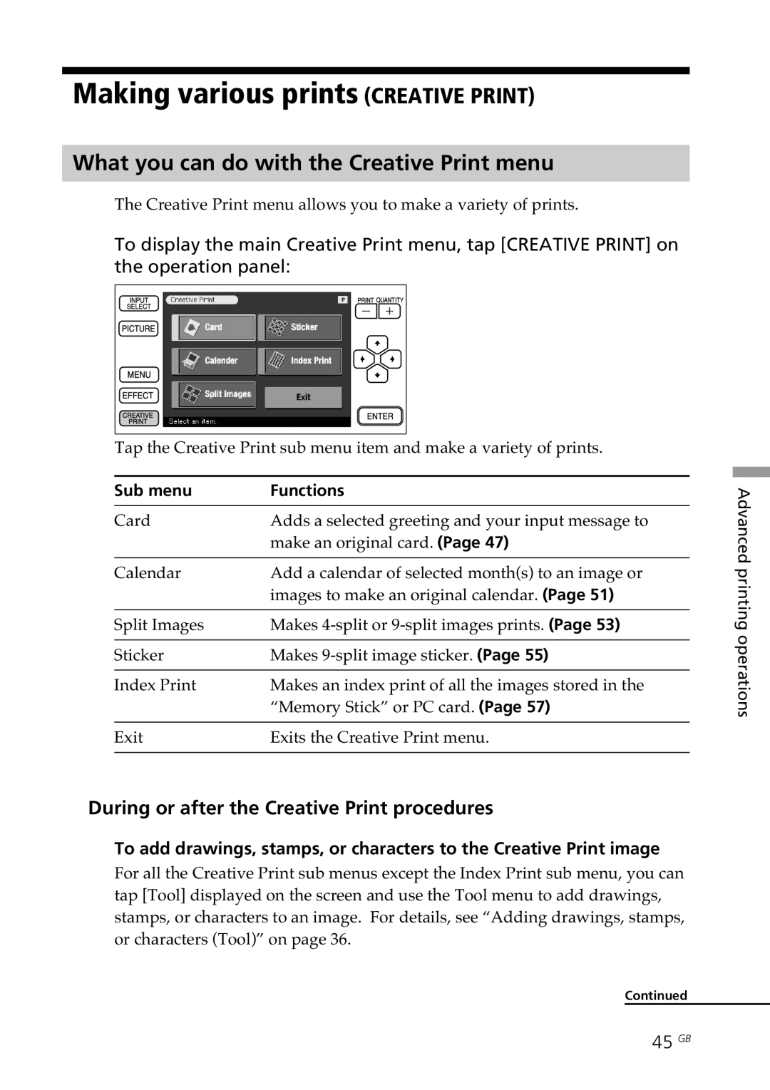 Sony DPP--SV77 Making various prints Creative Print, What you can do with the Creative Print menu, 45 GB 