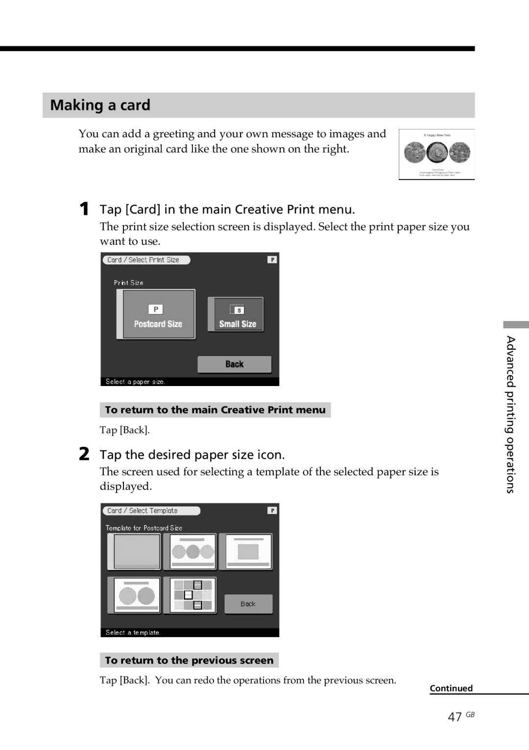 Sony DPP--SV77 Making a card, Tap Card in the main Creative Print menu, Tap the desired paper size icon, 47 GB 