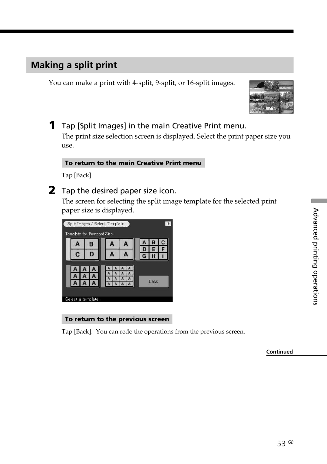 Sony DPP--SV77 operating instructions Making a split print, Tap Split Images in the main Creative Print menu, 53 GB 