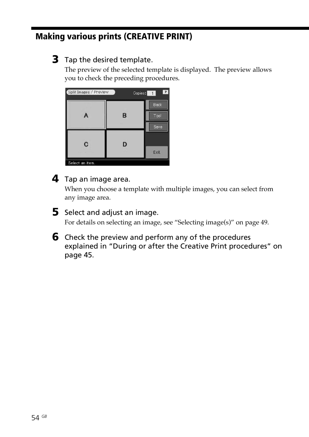 Sony DPP--SV77 Tap an image area, Select and adjust an image, For details on selecting an image, see Selecting images on 