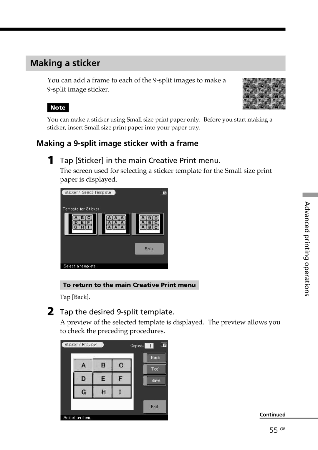 Sony DPP--SV77 Making a sticker, Making a 9-split image sticker with a frame, Tap Sticker in the main Creative Print menu 