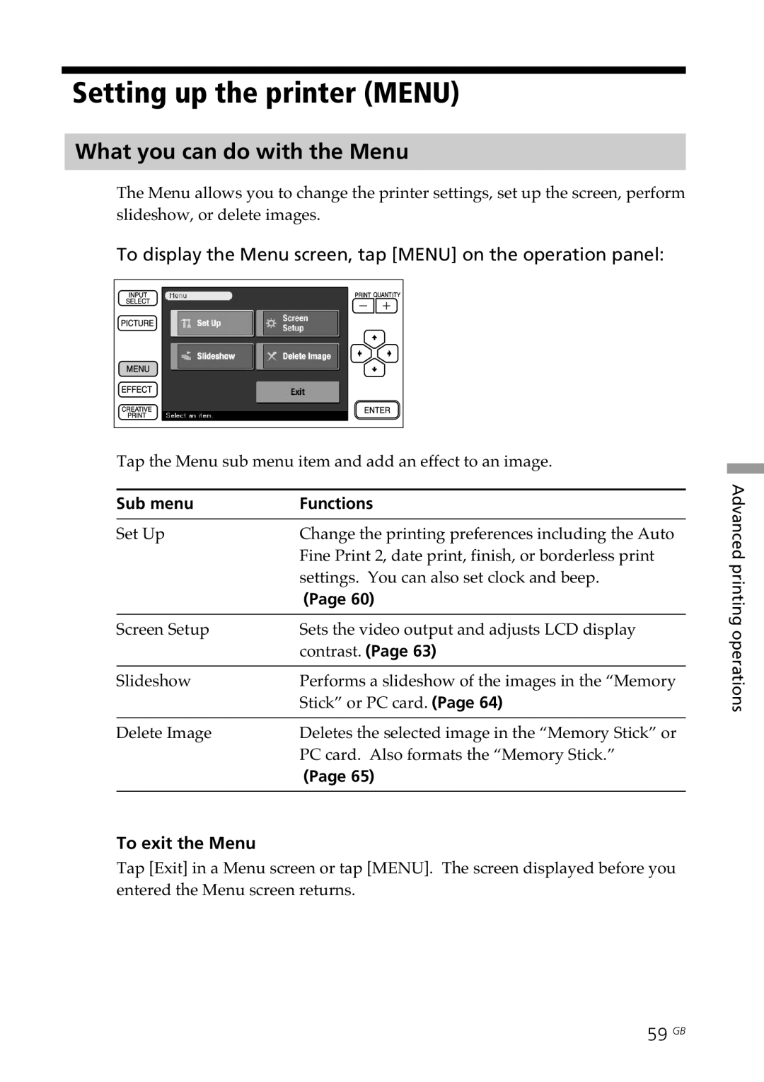 Sony DPP--SV77 operating instructions Setting up the printer Menu, What you can do with the Menu, To exit the Menu, 59 GB 