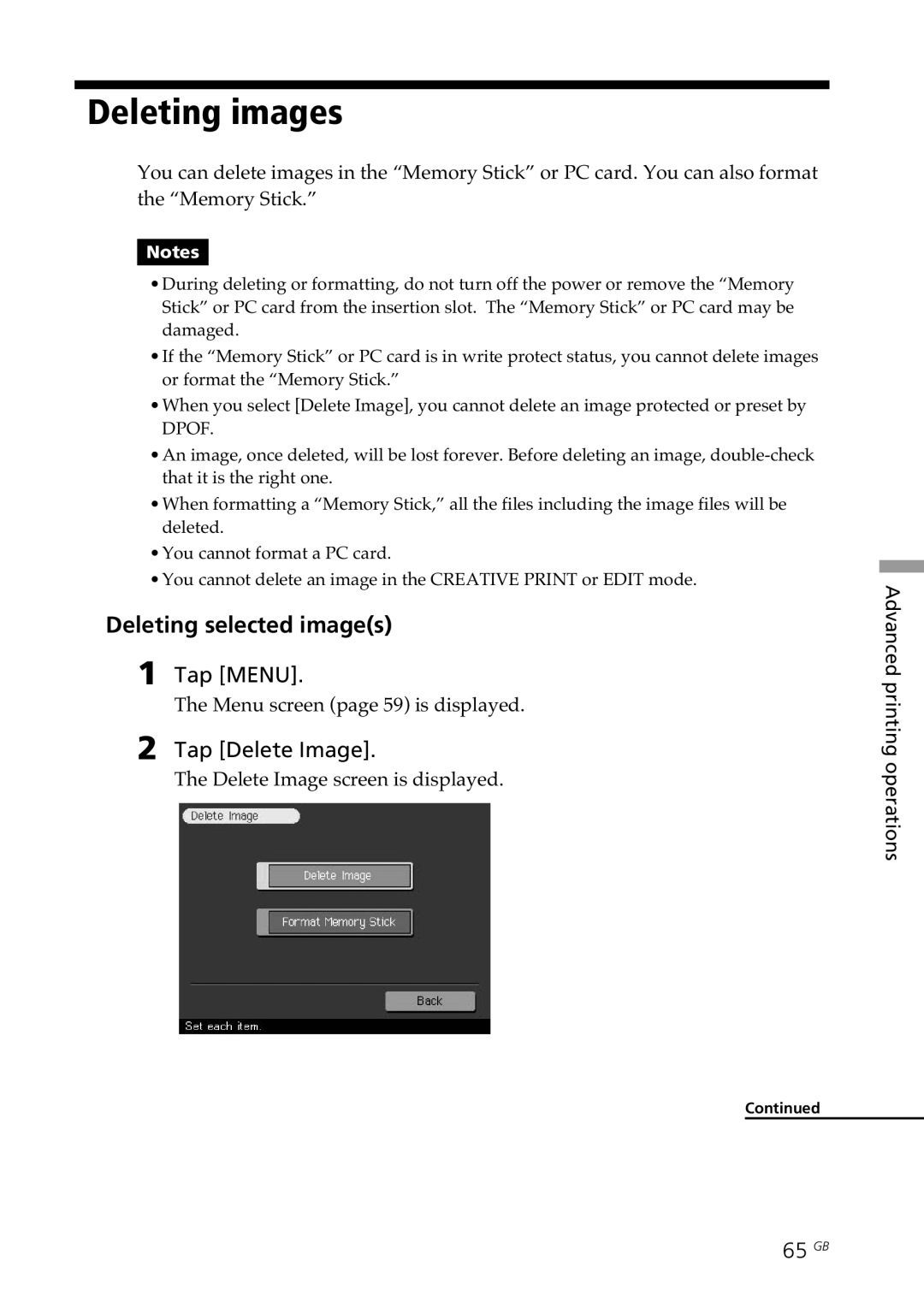 Sony DPP--SV77 Deleting images, Deleting selected images, Tap Delete Image, 65 GB, Delete Image screen is displayed 