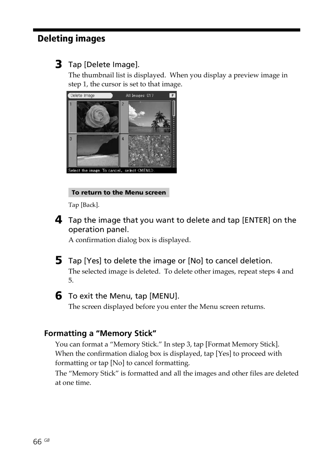 Sony DPP--SV77 Deleting images, Formatting a Memory Stick, Tap Yes to delete the image or No to cancel deletion, 66 GB 