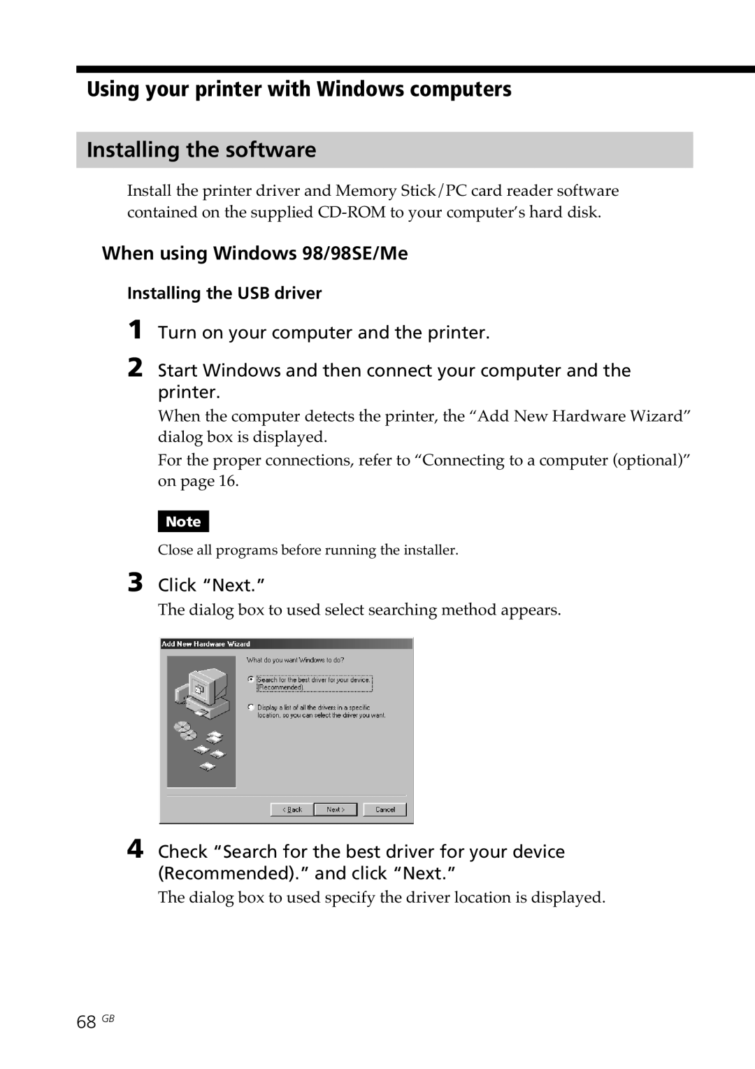 Sony DPP--SV77 operating instructions When using Windows 98/98SE/Me, Installing the USB driver, Click Next, 68 GB 