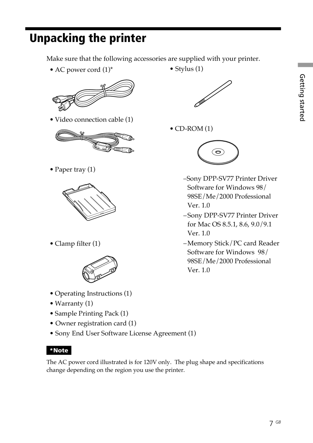 Sony DPP--SV77 operating instructions Getting started 