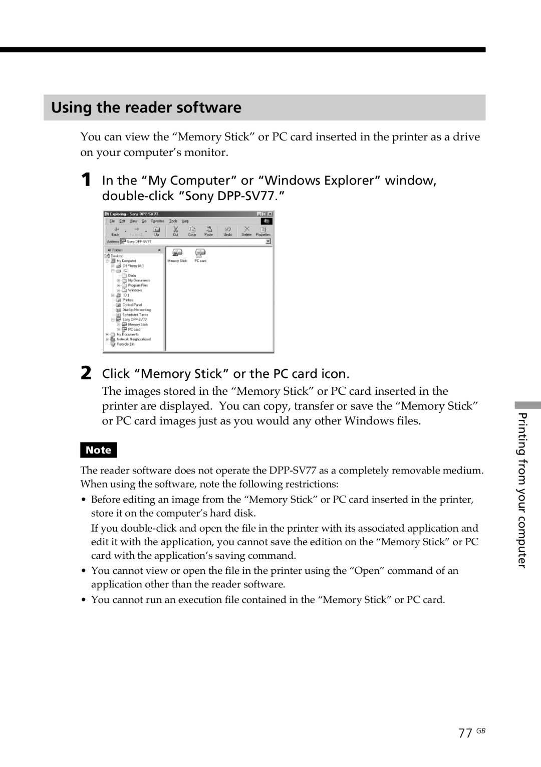 Sony DPP--SV77 operating instructions Using the reader software, 77 GB 