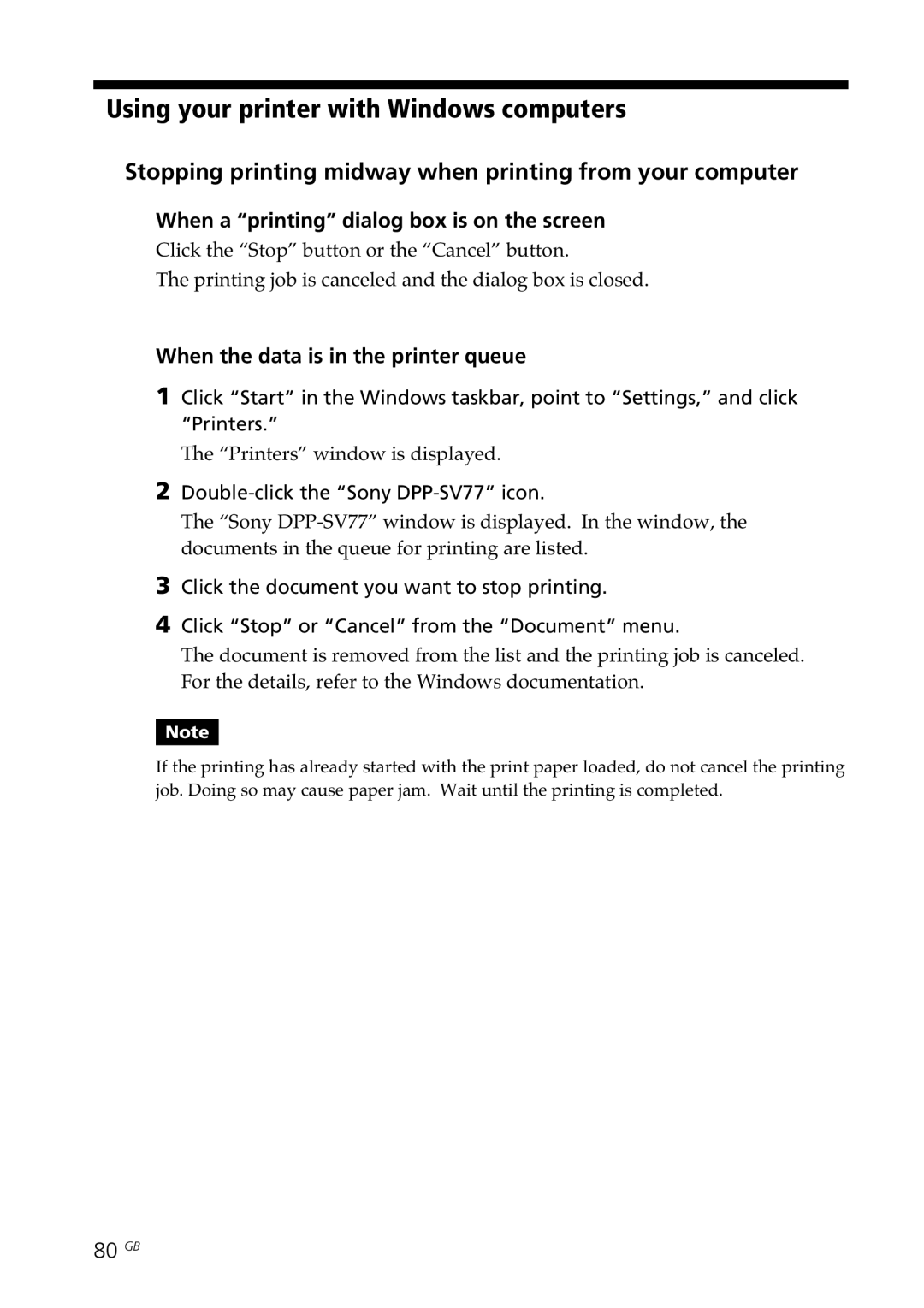 Sony DPP--SV77 Stopping printing midway when printing from your computer, When a printing dialog box is on the screen 