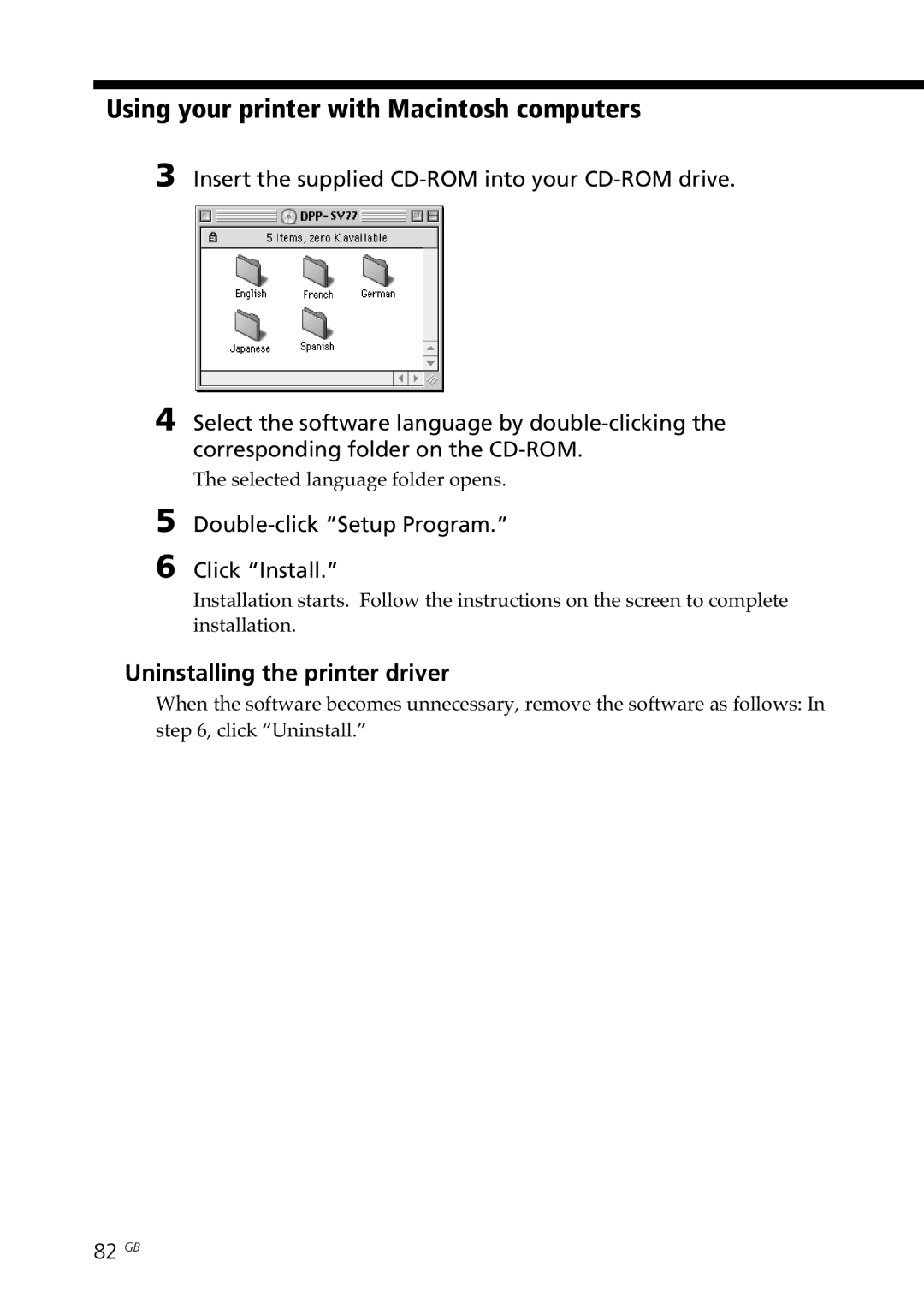 Sony DPP--SV77 operating instructions Using your printer with Macintosh computers, Uninstalling the printer driver, 82 GB 