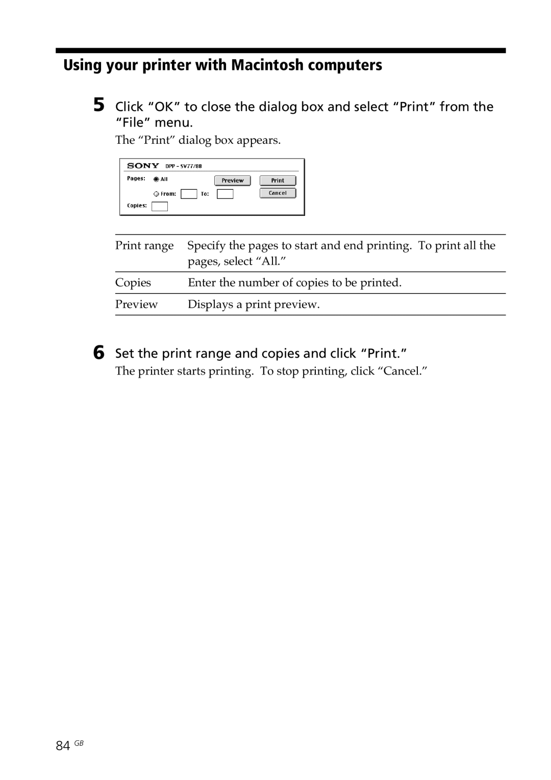 Sony DPP--SV77 operating instructions Set the print range and copies and click Print, 84 GB 