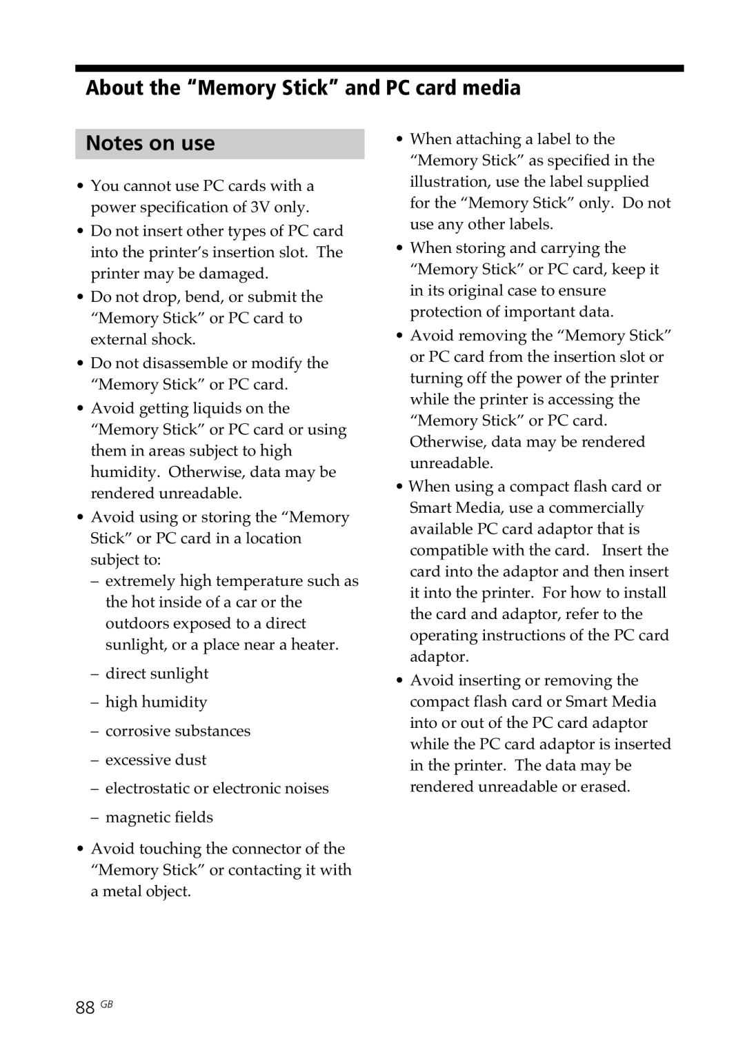 Sony DPP--SV77 operating instructions About the Memory Stick and PC card media, 88 GB 