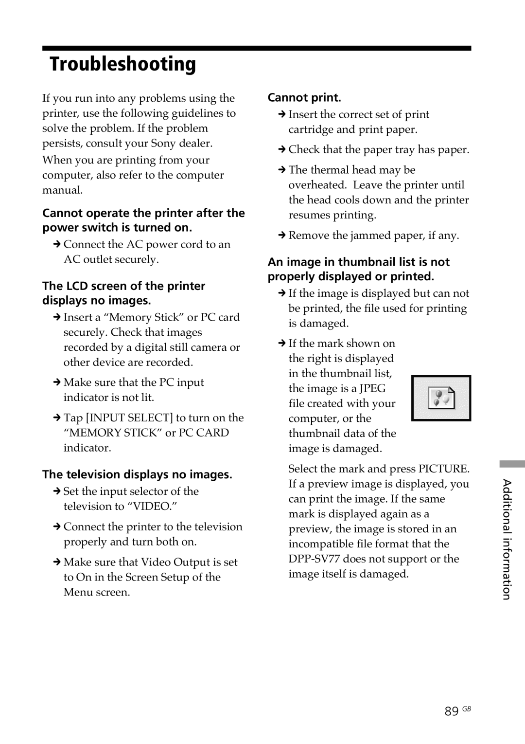 Sony DPP--SV77 Troubleshooting, LCD screen of the printer displays no images, Television displays no images, Cannot print 