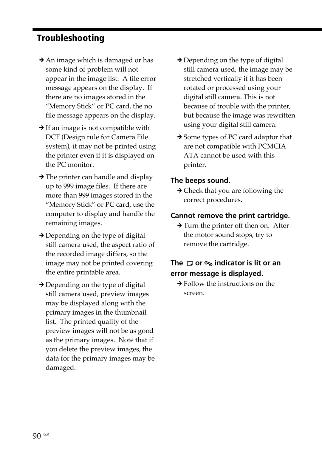 Sony DPP--SV77 operating instructions Troubleshooting, Beeps sound, Cannot remove the print cartridge, 90 GB 