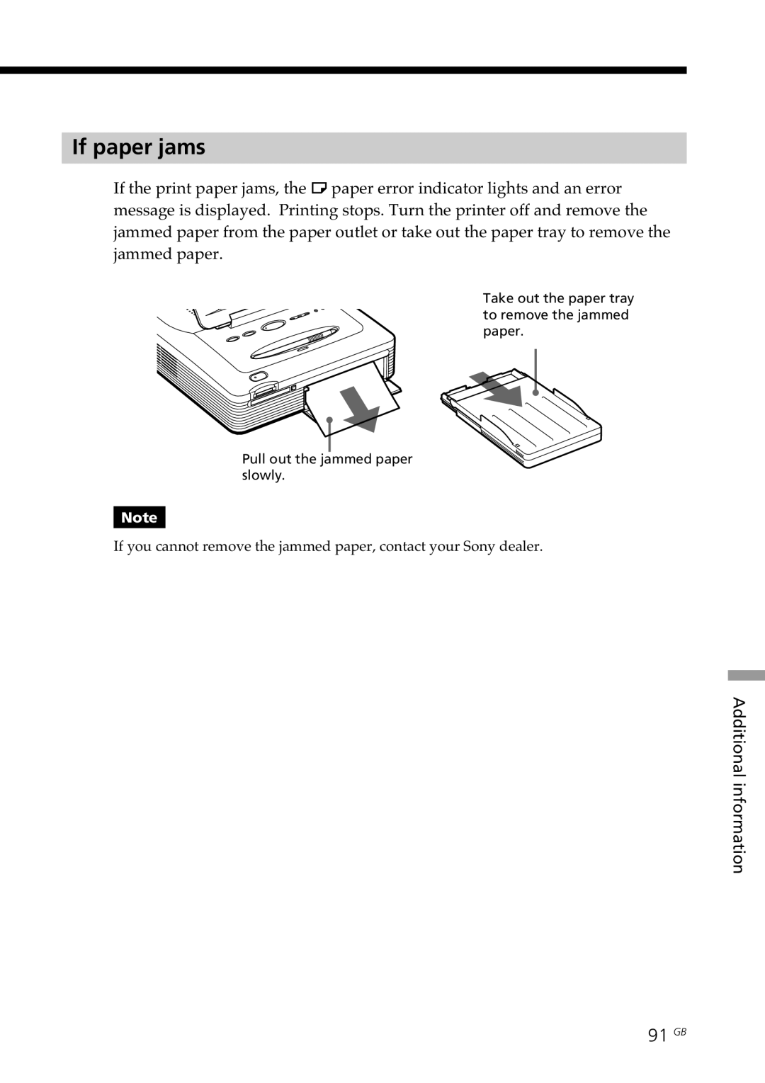 Sony DPP--SV77 operating instructions If paper jams, 91 GB 