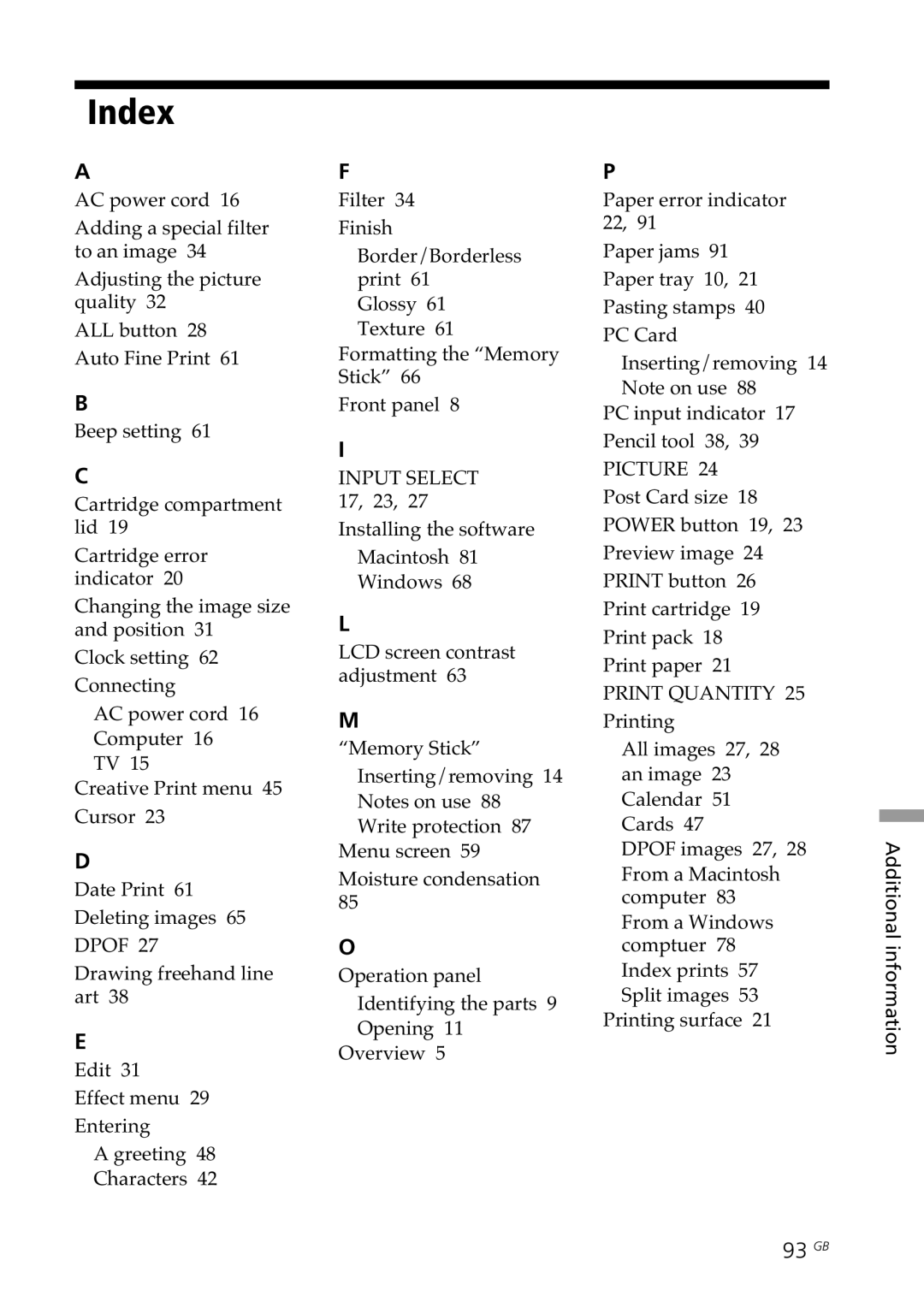 Sony DPP--SV77 operating instructions Index, 93 GB 