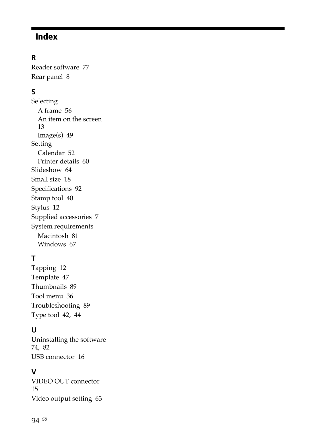 Sony DPP--SV77 operating instructions Index, 94 GB 