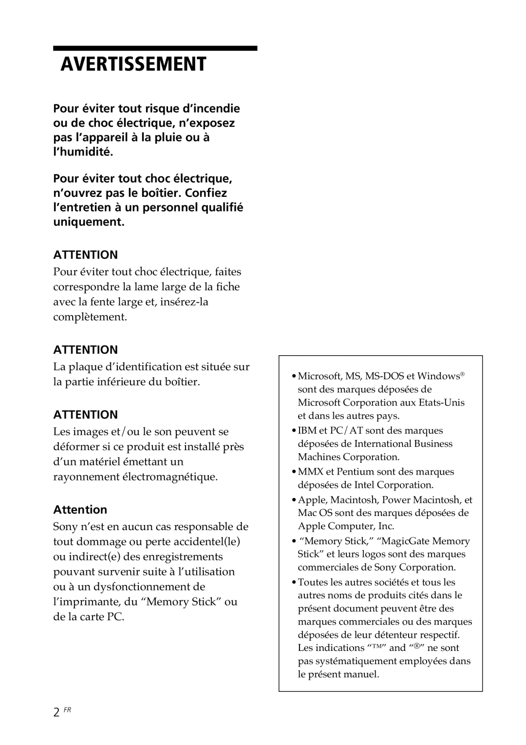 Sony DPP--SV77 operating instructions Avertissement 