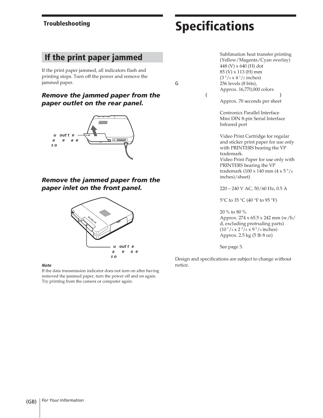 Sony DPP-M55 manual Specifications, If the print paper jammed, Troubleshooting 