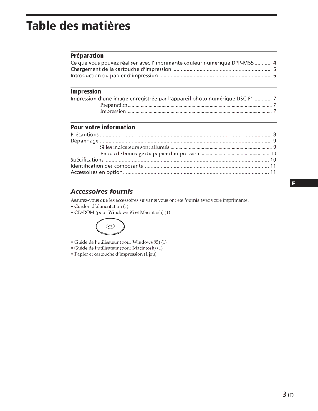 Sony DPP-M55 manual Table des matières, Préparation, Impression, Pour votre information, Accessoires fournis 