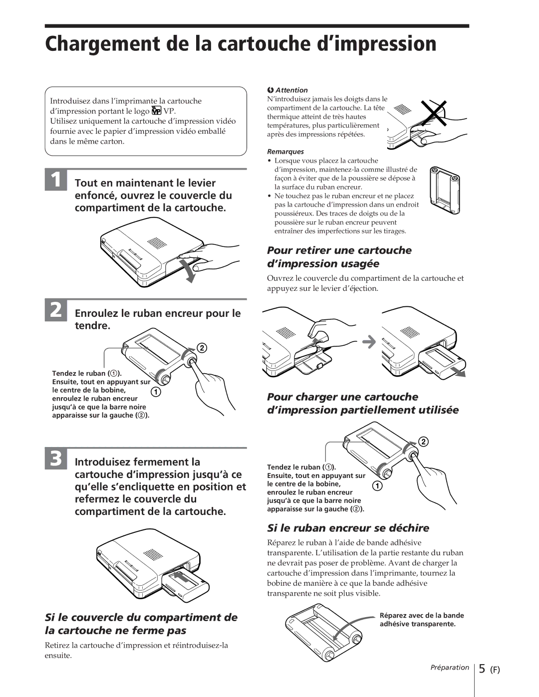 Sony DPP-M55 manual Chargement de la cartouche d’impression, Pour retirer une cartouche d’impression usagée, Remarques 